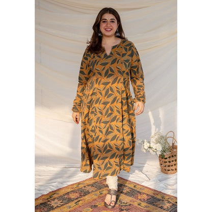 The Indian Ethnic Co. Mustard Ajrakh Cotton Kali Kurta
