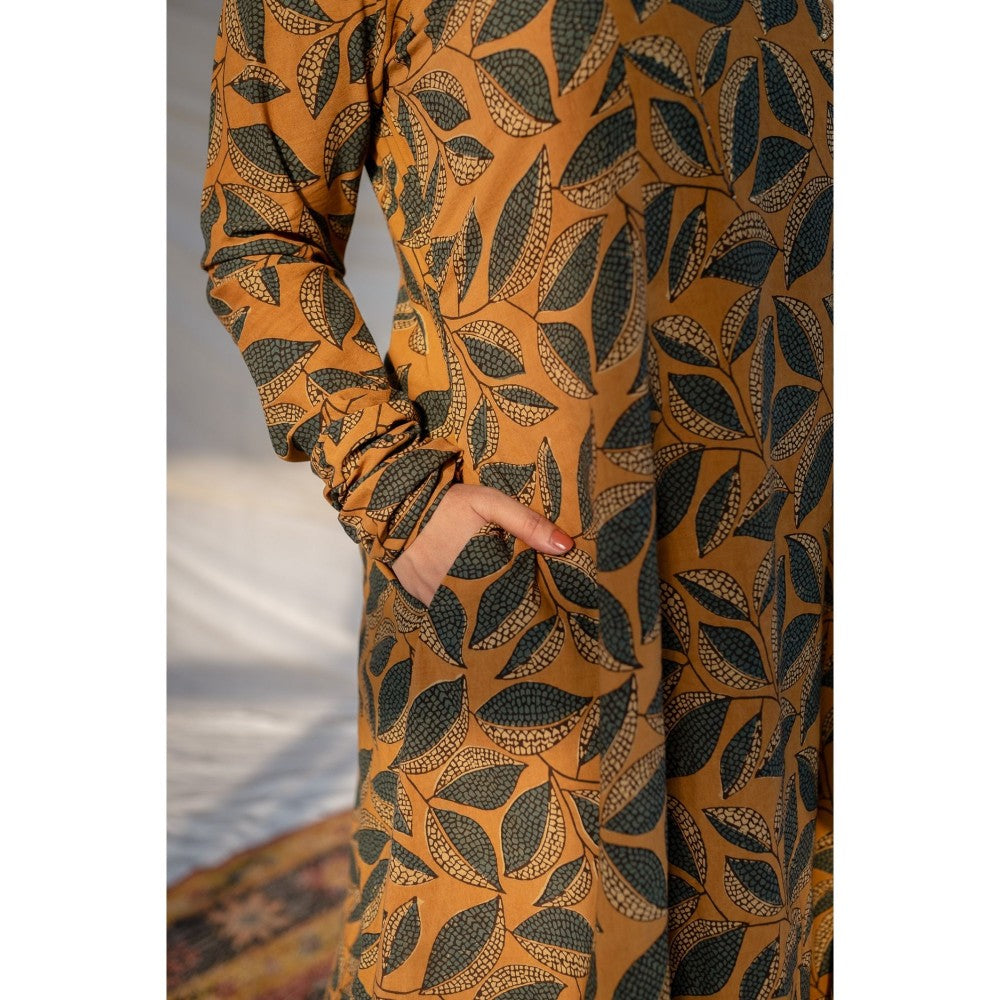 The Indian Ethnic Co. Mustard Ajrakh Cotton Kali Kurta