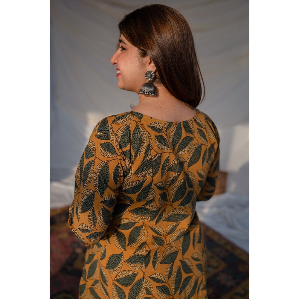 The Indian Ethnic Co. Mustard Ajrakh Cotton Kali Kurta