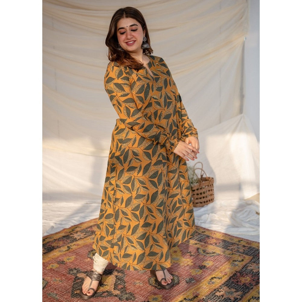 The Indian Ethnic Co. Mustard Ajrakh Cotton Kali Kurta
