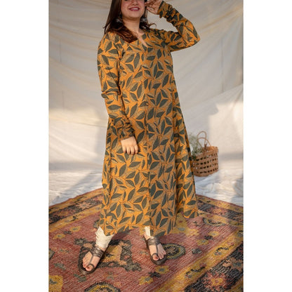 The Indian Ethnic Co. Mustard Ajrakh Cotton Kali Kurta