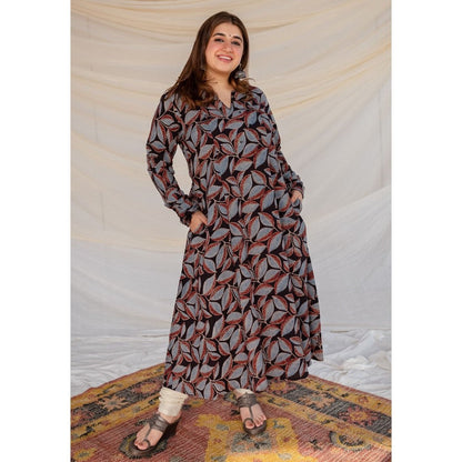 The Indian Ethnic Co. Black Ajrakh Cotton Kali Kurta