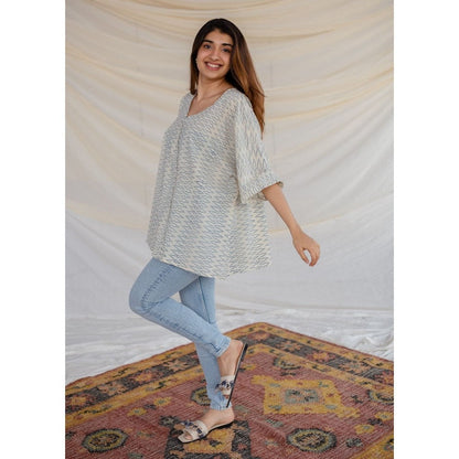 The Indian Ethnic Co. White Ajrakh Cotton Short Top
