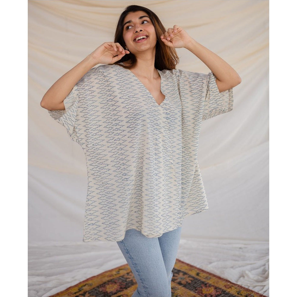 The Indian Ethnic Co. White Ajrakh Cotton Short Top