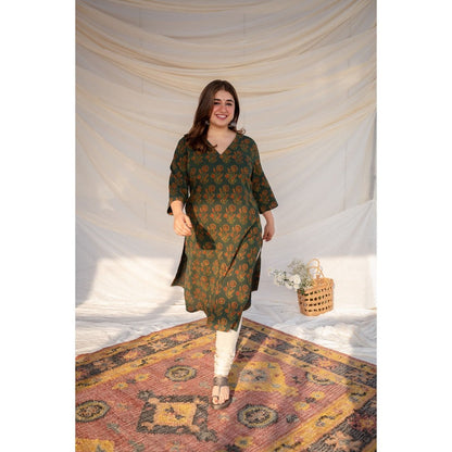 The Indian Ethnic Co. Green Ajrakh Cotton Kurta