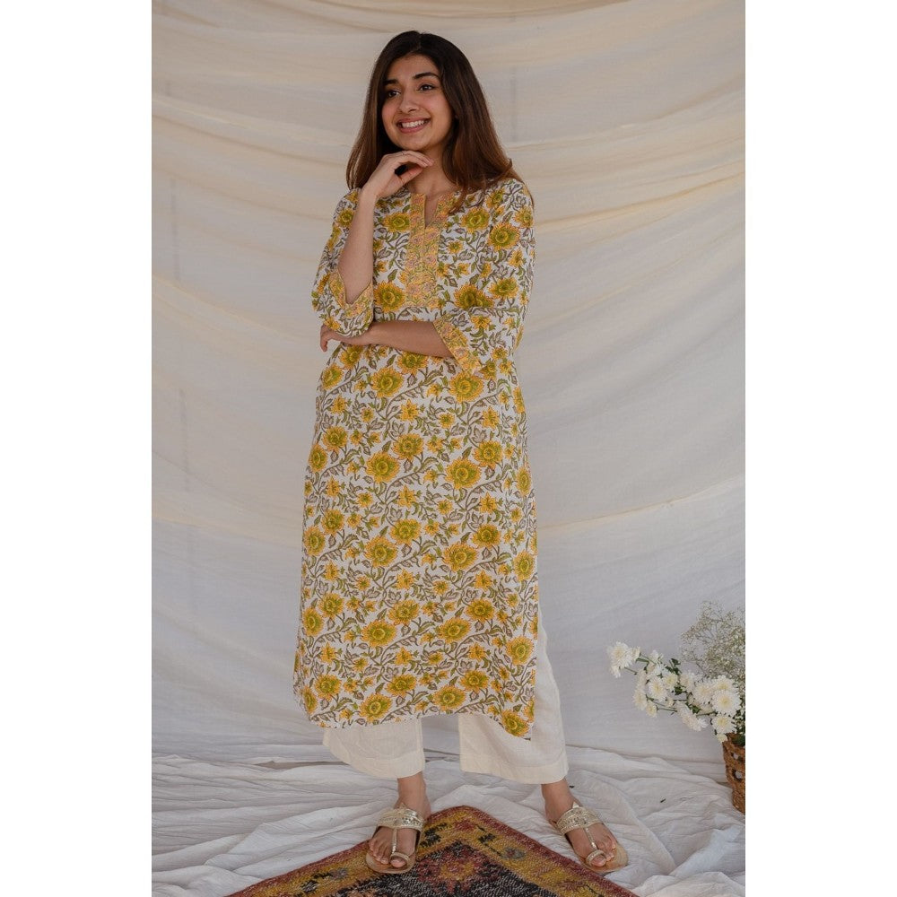 The Indian Ethnic Co. Yellow Sanganeri Straight Cotton Kurta