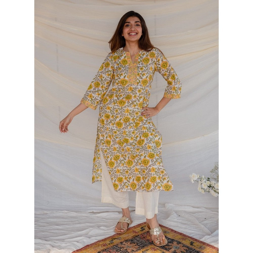 The Indian Ethnic Co. Yellow Sanganeri Straight Cotton Kurta
