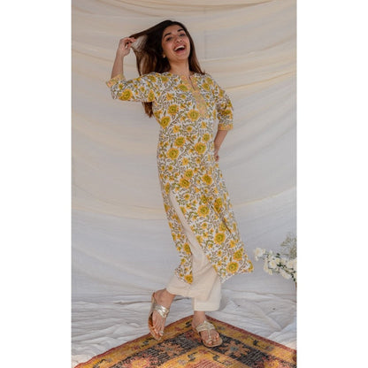 The Indian Ethnic Co. Yellow Sanganeri Straight Cotton Kurta