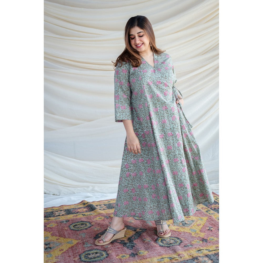 The Indian Ethnic Co. Green Sanganeri Organic Cotton Warp Around Kurta