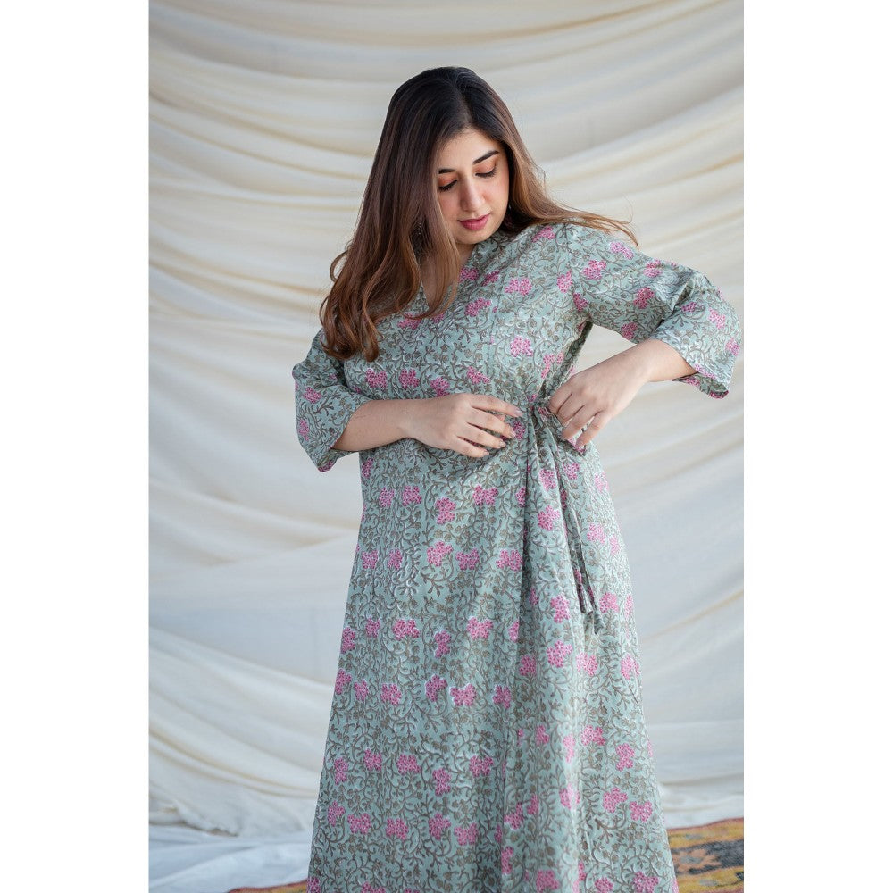 The Indian Ethnic Co. Green Sanganeri Organic Cotton Warp Around Kurta