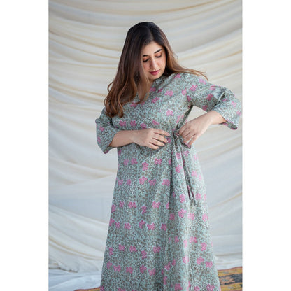The Indian Ethnic Co. Green Sanganeri Organic Cotton Warp Around Kurta