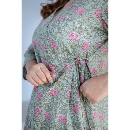 The Indian Ethnic Co. Green Sanganeri Organic Cotton Warp Around Kurta