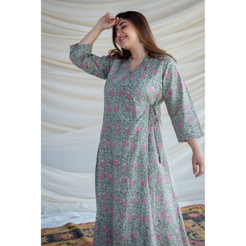 The Indian Ethnic Co. Green Sanganeri Organic Cotton Warp Around Kurta