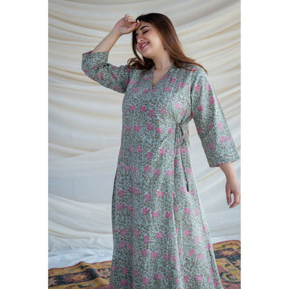 The Indian Ethnic Co. Green Sanganeri Organic Cotton Warp Around Kurta