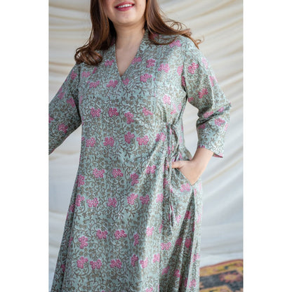 The Indian Ethnic Co. Green Sanganeri Organic Cotton Warp Around Kurta