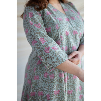 The Indian Ethnic Co. Green Sanganeri Organic Cotton Warp Around Kurta