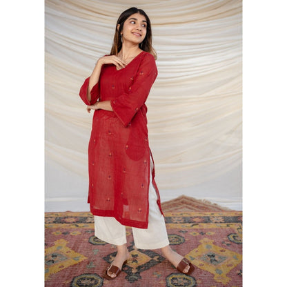 The Indian Ethnic Co. Red Jamdani Cotton Kurta