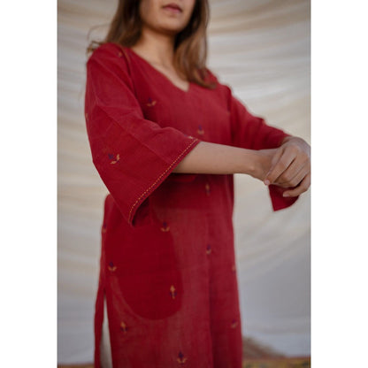 The Indian Ethnic Co. Red Jamdani Cotton Kurta