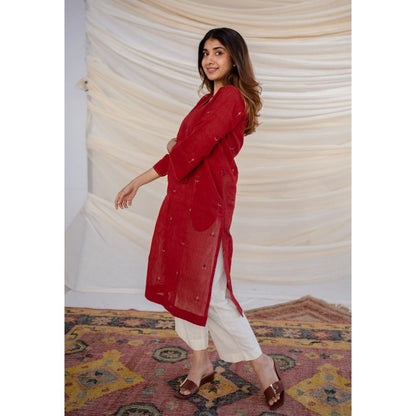 The Indian Ethnic Co. Red Jamdani Cotton Kurta