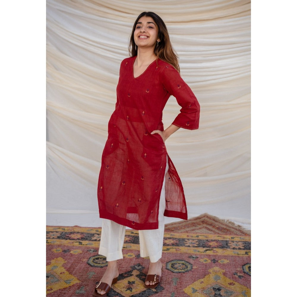 The Indian Ethnic Co. Red Jamdani Cotton Kurta