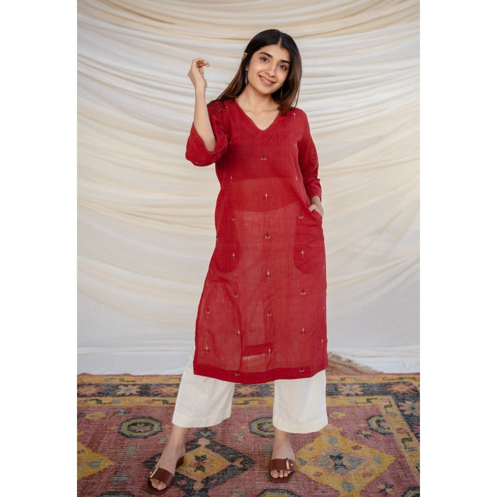The Indian Ethnic Co. Red Jamdani Cotton Kurta