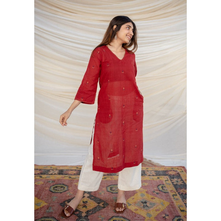 The Indian Ethnic Co. Red Jamdani Cotton Kurta