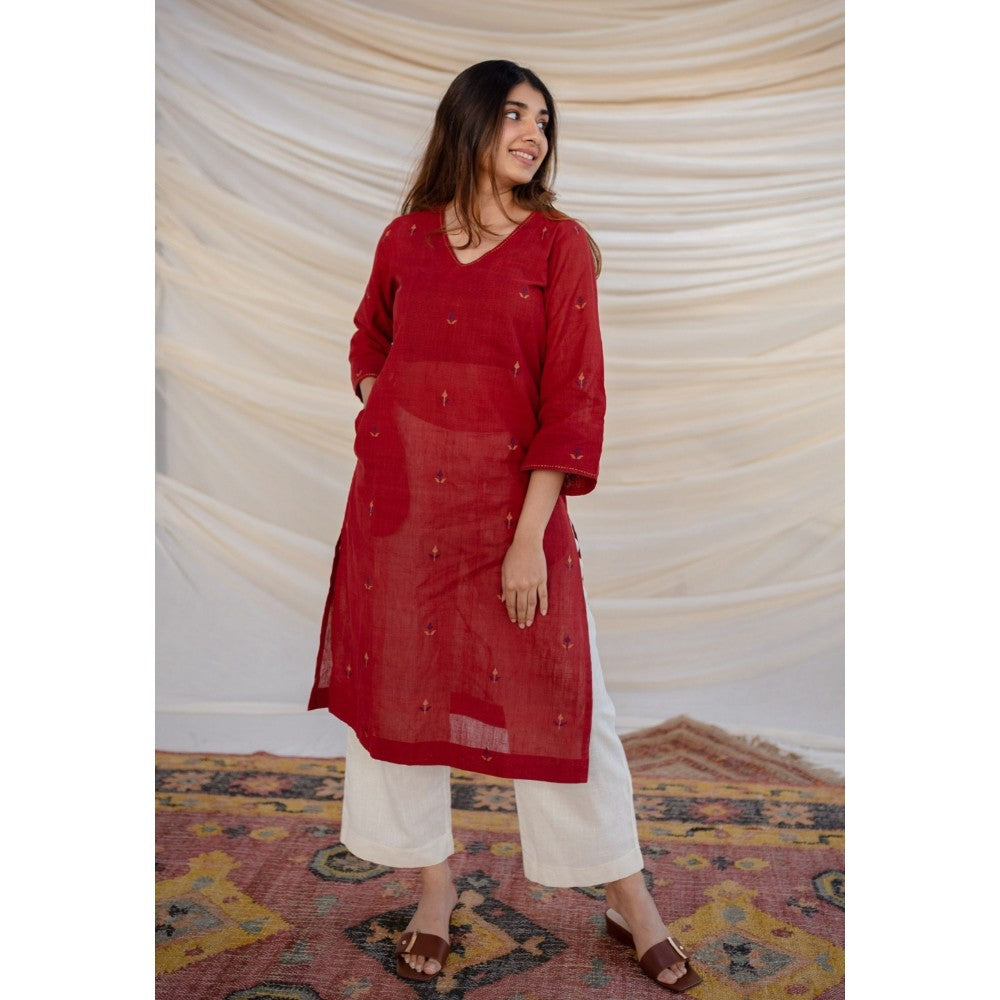 The Indian Ethnic Co. Red Jamdani Cotton Kurta