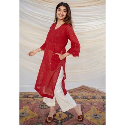 The Indian Ethnic Co. Red Jamdani Cotton Kurta