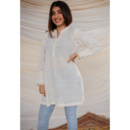 The Indian Ethnic Co. White Jamdani Cotton Kurta