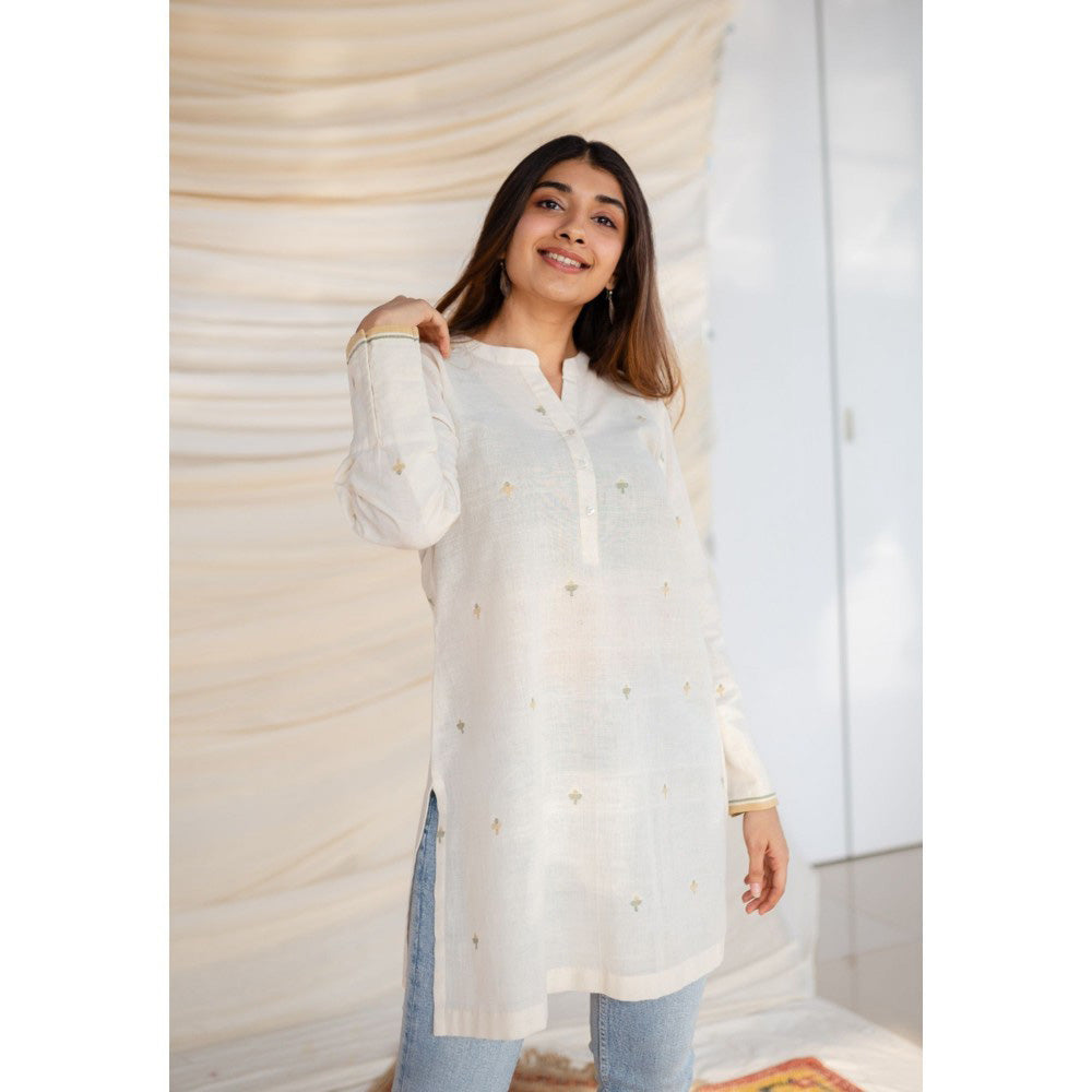 The Indian Ethnic Co. White Jamdani Cotton Kurta