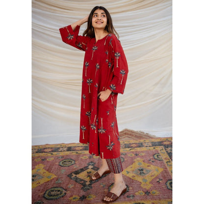 The Indian Ethnic Co. Red Ajrakh Cotton Jhabba Kali Co-ord (Set of 2)