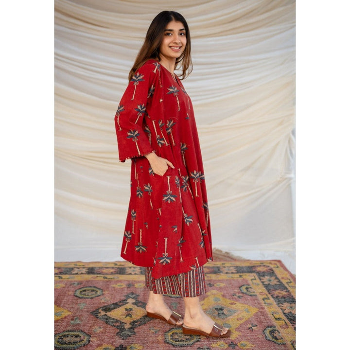 The Indian Ethnic Co. Red Ajrakh Cotton Jhabba Kali Co-ord (Set of 2)