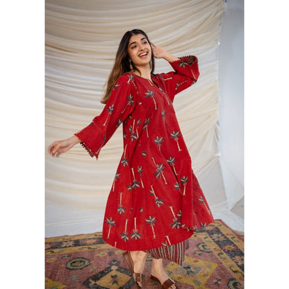 The Indian Ethnic Co. Red Ajrakh Cotton Jhabba Kali Co-ord (Set of 2)