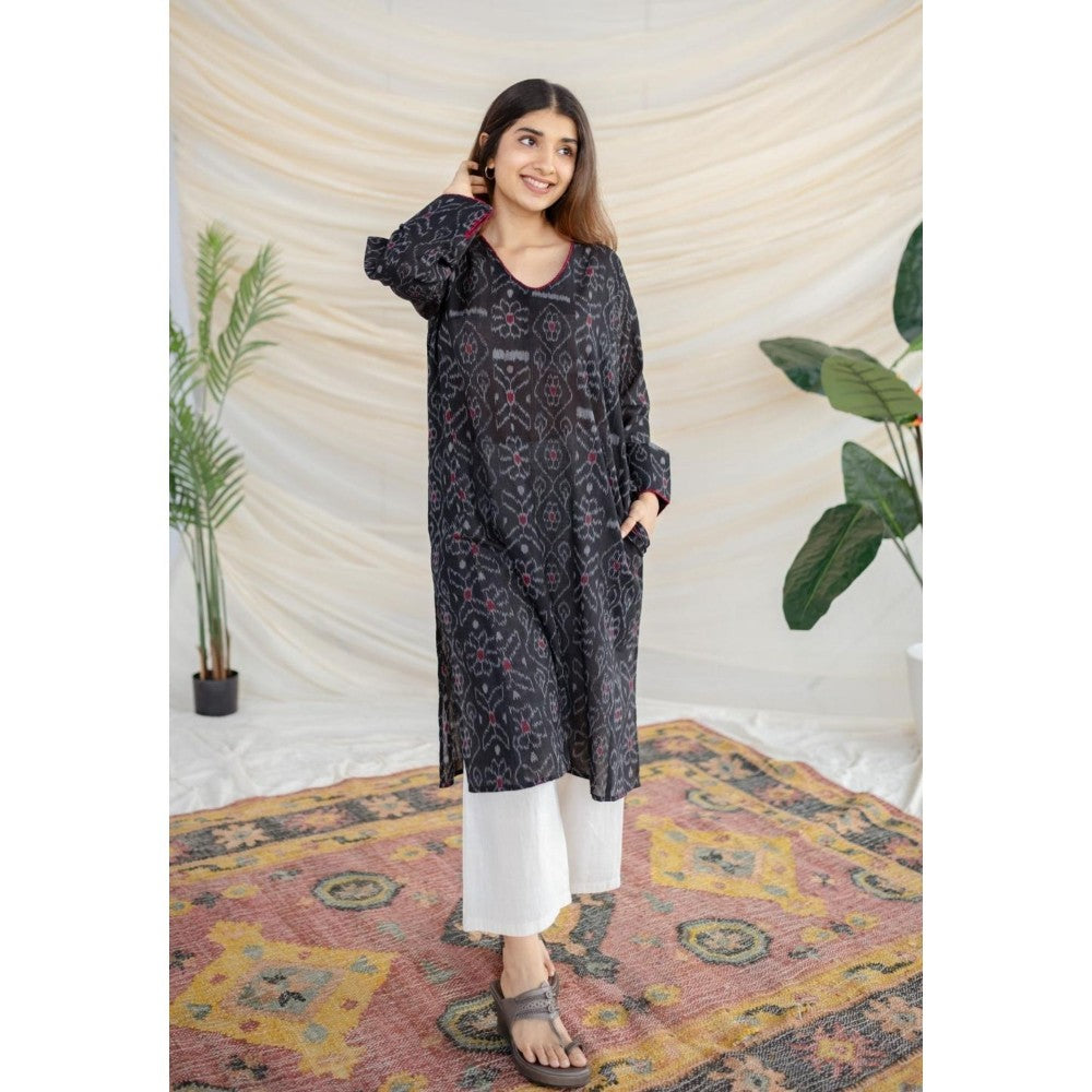 The Indian Ethnic Co. Black Ikkat Cotton Jhabha Kali Kurta