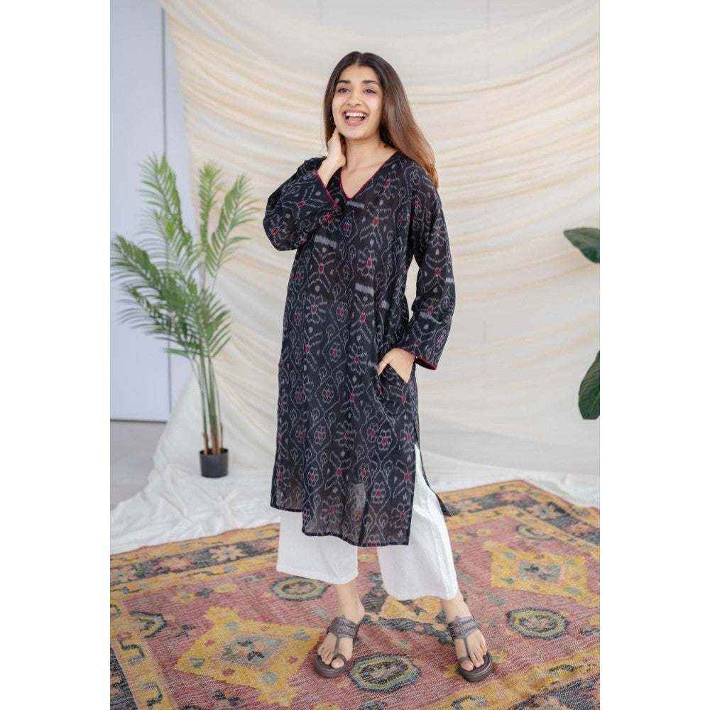 The Indian Ethnic Co. Black Ikkat Cotton Jhabha Kali Kurta