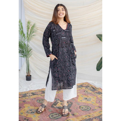 The Indian Ethnic Co. Black Ikkat Cotton Jhabha Kali Kurta