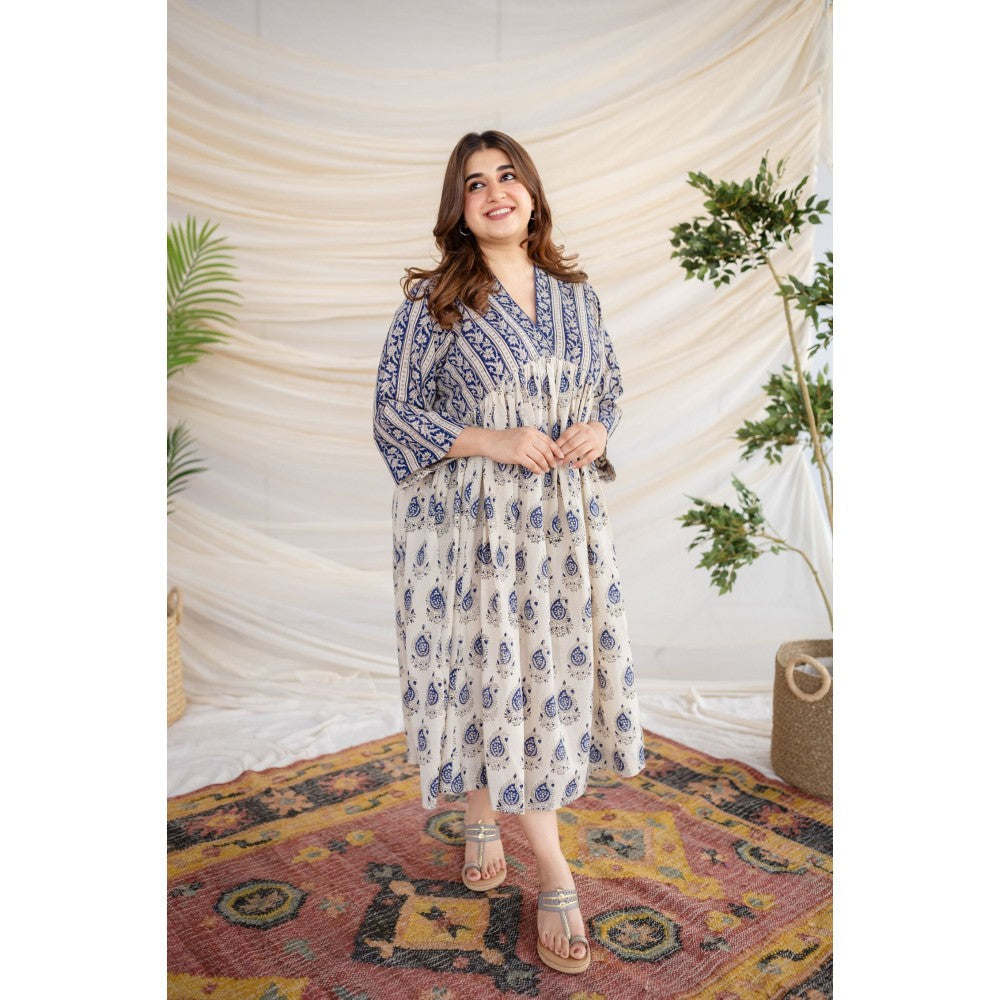 The Indian Ethnic Co. Blue Bagru Cotton Dress