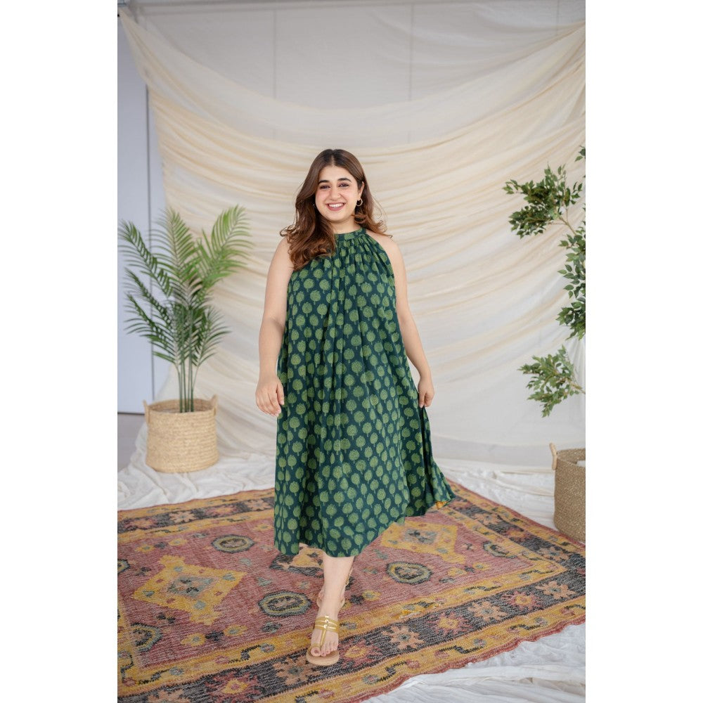 The Indian Ethnic Co. Green Dabu Cotton Dress