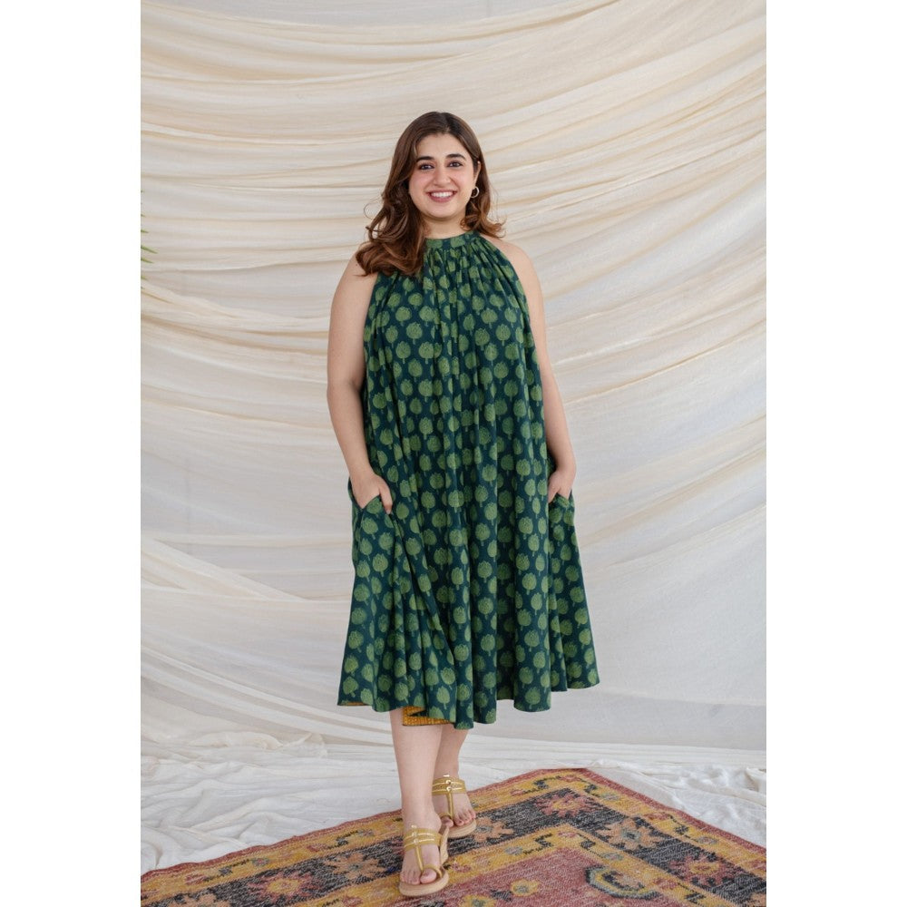 The Indian Ethnic Co. Green Dabu Cotton Dress
