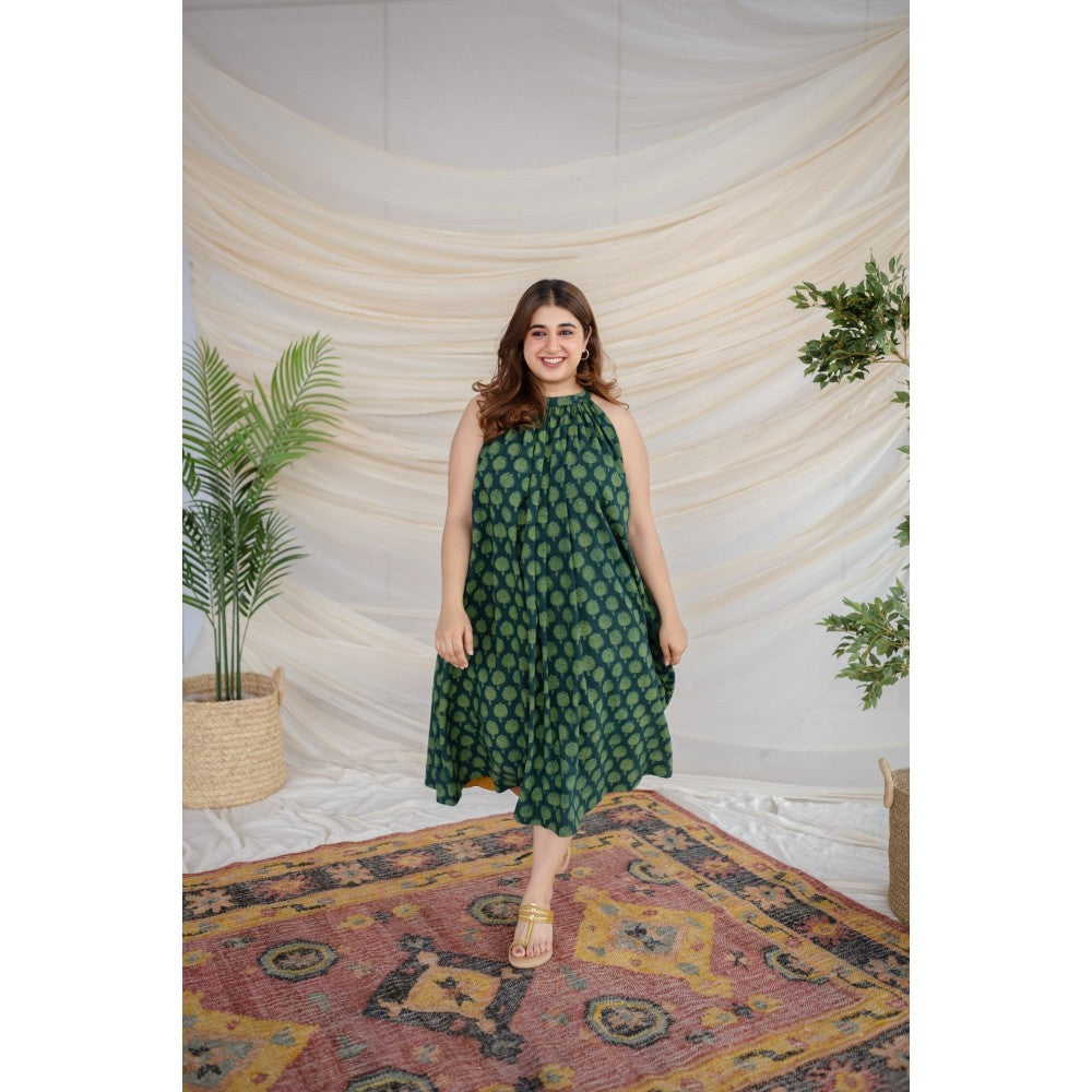 The Indian Ethnic Co. Green Dabu Cotton Dress