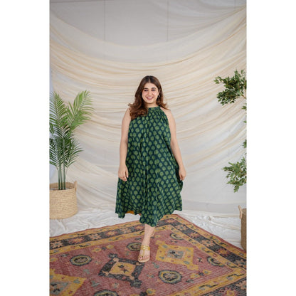 The Indian Ethnic Co. Green Dabu Cotton Dress