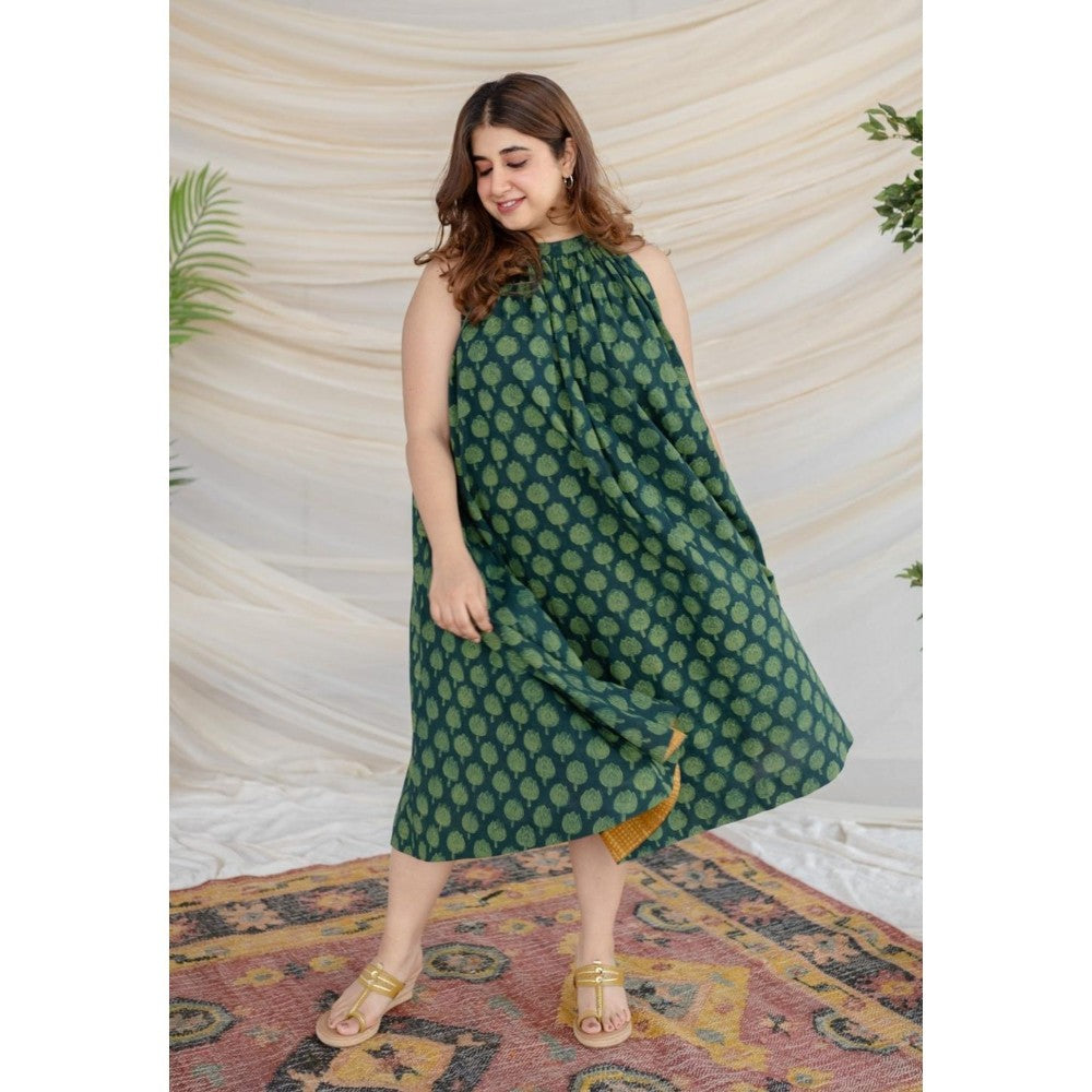 The Indian Ethnic Co. Green Dabu Cotton Dress