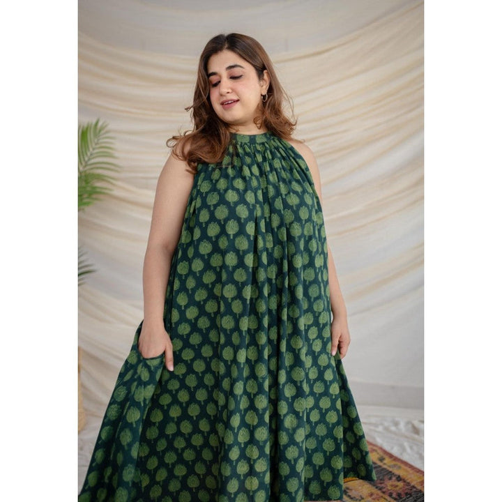 The Indian Ethnic Co. Green Dabu Cotton Dress