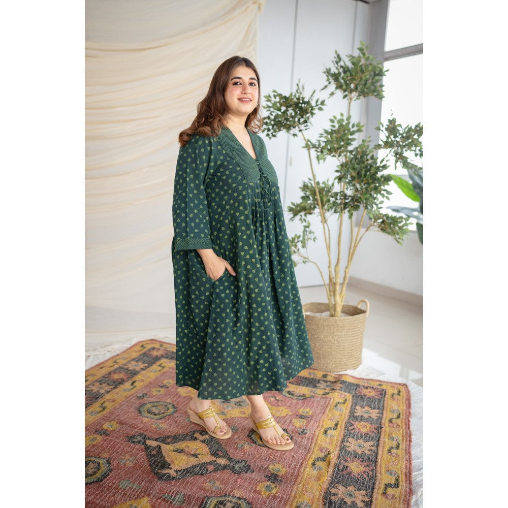 The Indian Ethnic Co. Green Dabu Cotton Dress