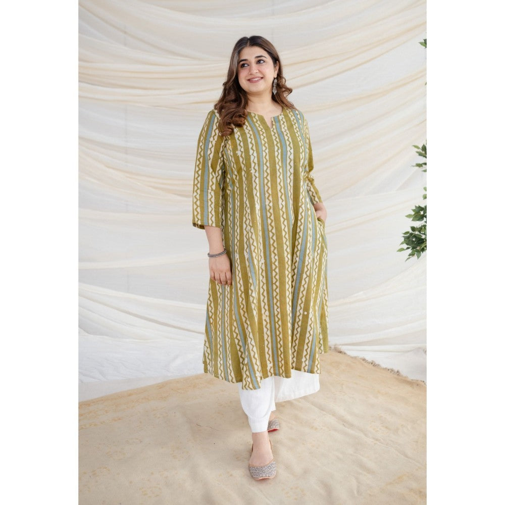 The Indian Ethnic Co. Olive Batik Kali Cotton Kurta
