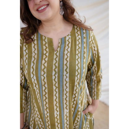 The Indian Ethnic Co. Olive Batik Kali Cotton Kurta