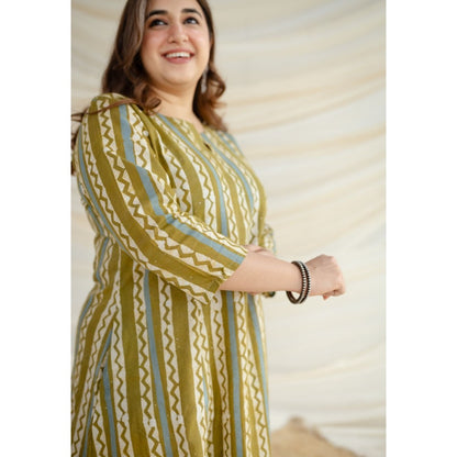 The Indian Ethnic Co. Olive Batik Kali Cotton Kurta