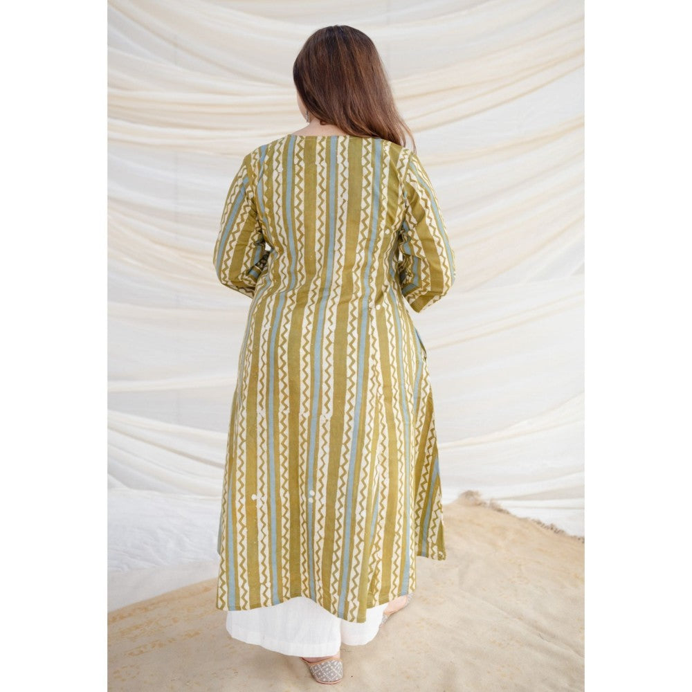 The Indian Ethnic Co. Olive Batik Kali Cotton Kurta