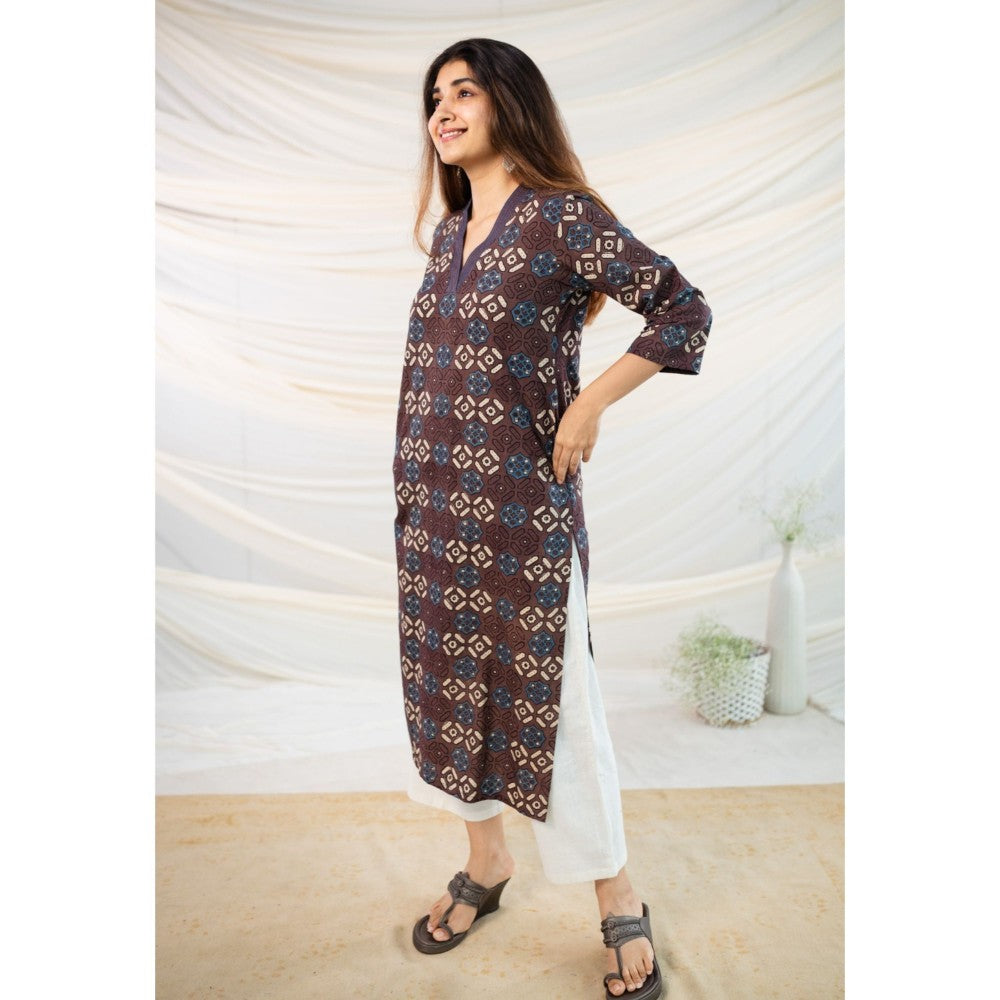 The Indian Ethnic Co. Brown Ajrakh Straight Cotton Kurta