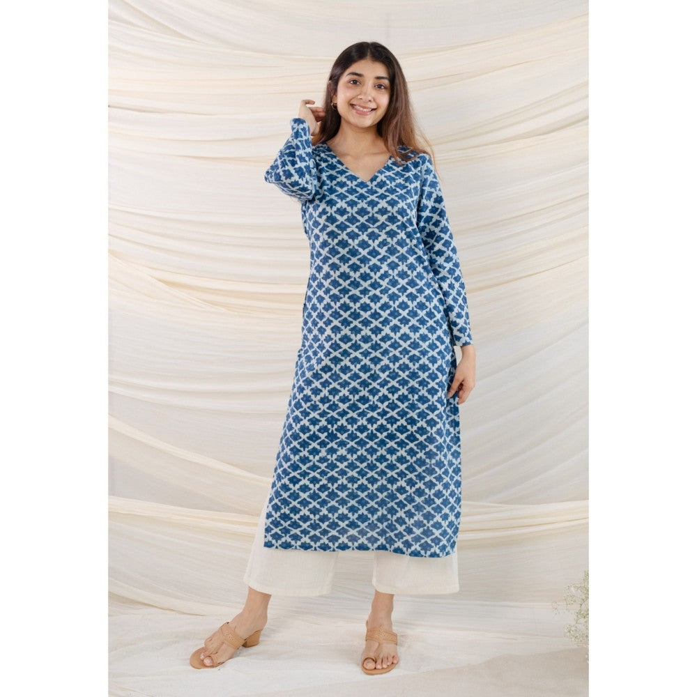 The Indian Ethnic Co. Indigo Dabu Straight Cotton Kurta